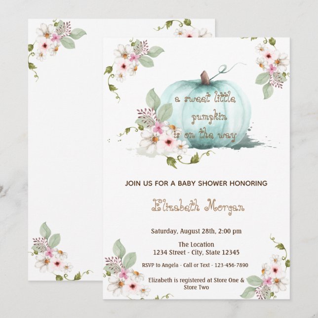 Invitation Aquarelle Petite citrouille, Baby shower d'automne (Devant / Derrière)