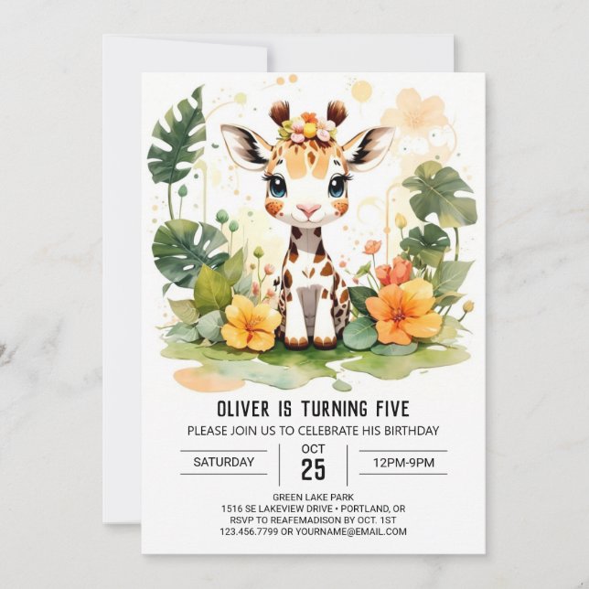 Invitation Aquarelle Petite Giraffe Anniversaire personnalisé (Devant)