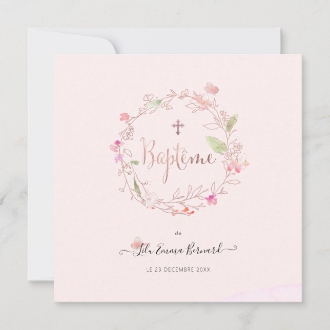 Invitation Aquarelle Petites Fluers Faire partie de Baptême (Devant)