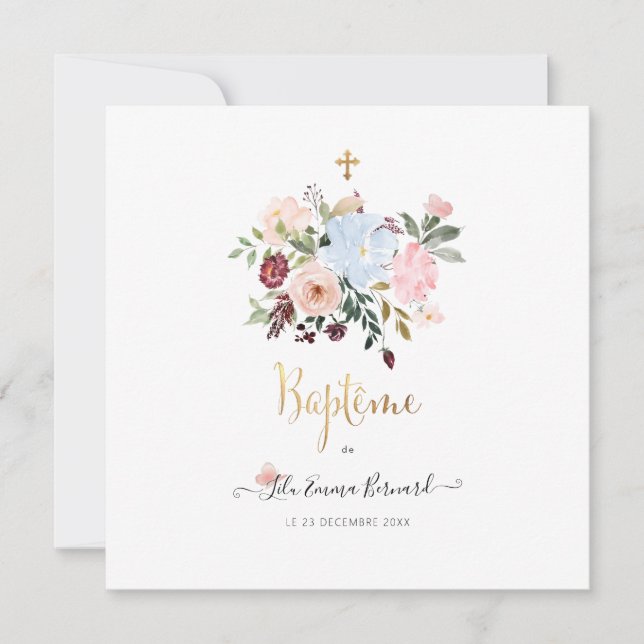 Invitation Aquarelle Petites Fluers Faire partie de Baptême (Devant)