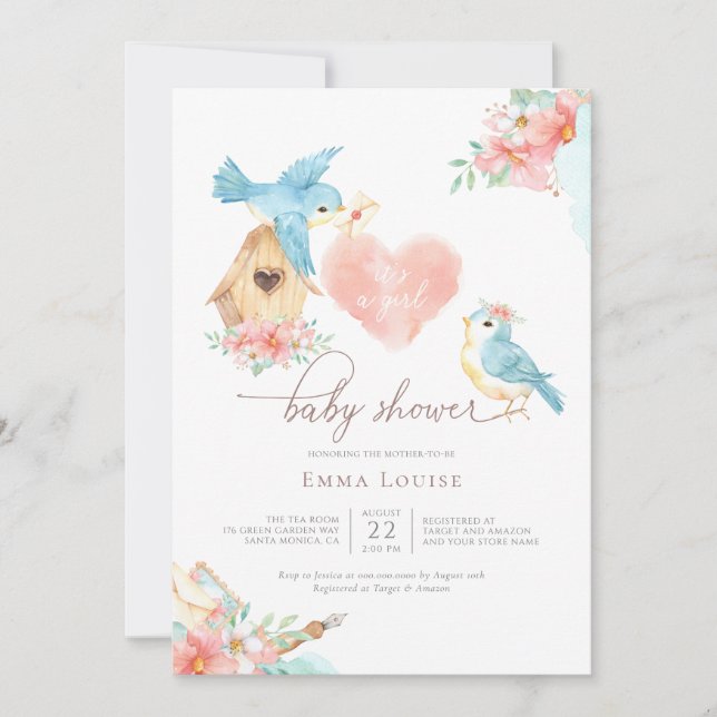 Invitation Aquarelle Petits oiseaux Baby shower fille (Devant)