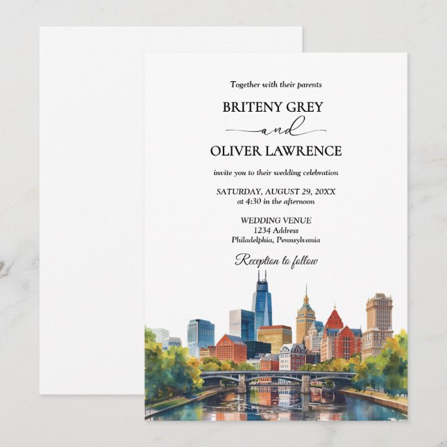 Invitation Aquarelle Philadelphia Pennsylvania Mariage (Devant / Derrière)