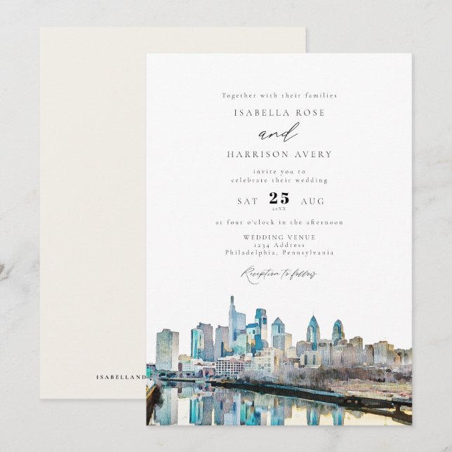 Invitation Aquarelle Philadelphia Pennsylvania Mariage (Devant / Derrière)