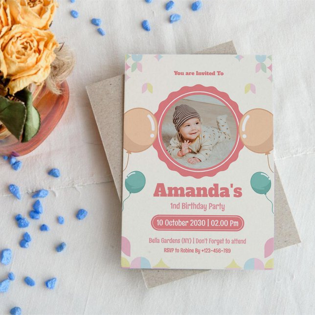 Invitation Aquarelle photo bébé anniversaire (Créateur téléchargé)