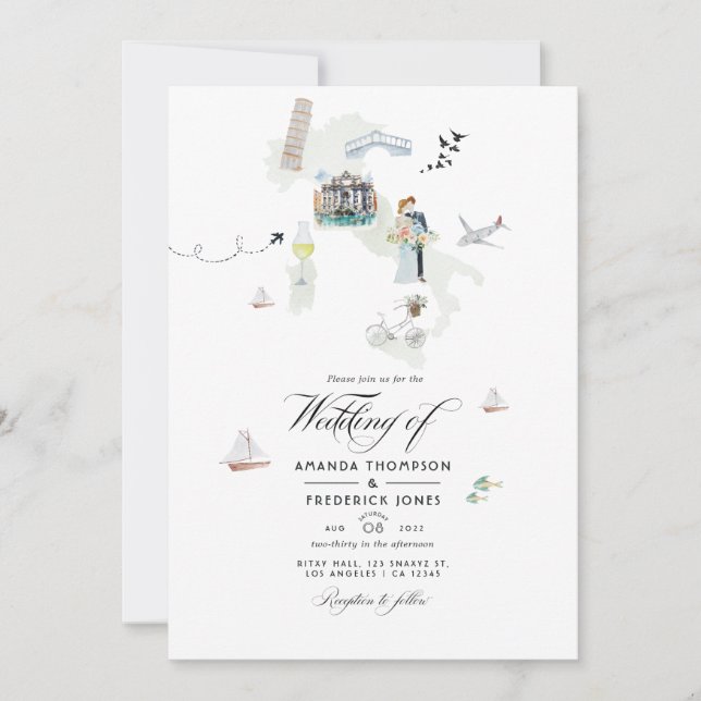 Invitation Aquarelle photo de mariage de destination italienn (Devant)
