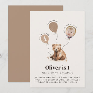 Invitation Aquarelle photo ours 1er anniversaire moderne