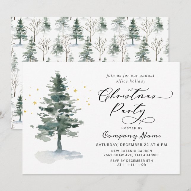 Invitation Aquarelle Pine Arbre Chic Noël Fête de Noël (Devant / Derrière)