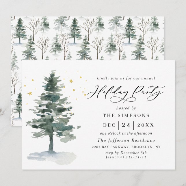 Invitation Aquarelle Pine Arbre Chic Noël Fête de Noël (Devant / Derrière)