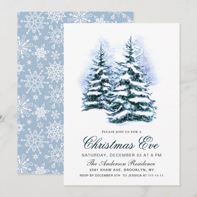 Invitation Aquarelle Pine Arbre Chic Noël Réveillon (Devant / Derrière)