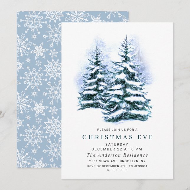 Invitation Aquarelle Pine Arbre Chic Noël Réveillon (Devant / Derrière)