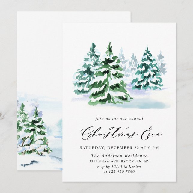 Invitation Aquarelle Pine Arbre Chic Noël Réveillon (Devant / Derrière)