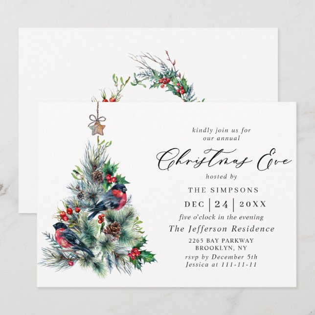 Invitation Aquarelle Pine Arbre Chic Noël Soir de Noël (Devant / Derrière)