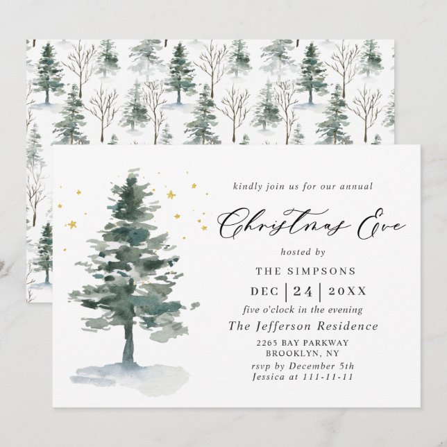 Invitation Aquarelle Pine Arbre Chic Noël Soir de Noël (Devant / Derrière)