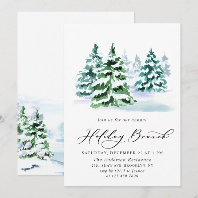 Invitation Aquarelle Pine Arbre de Noël Brunch de Noël (Devant / Derrière)
