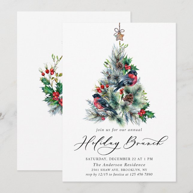 Invitation Aquarelle Pine Arbre de Noël Brunch de Noël (Devant / Derrière)