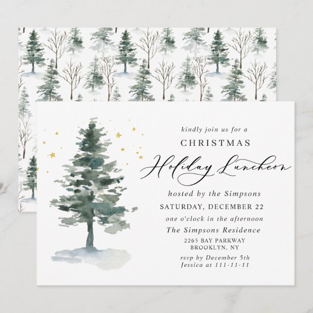 Invitation Aquarelle Pine Arbre de Noël Déjeuner (Devant / Derrière)