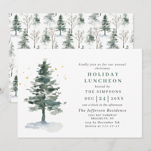 Invitation Aquarelle Pine Arbre de Noël Déjeuner (Devant / Derrière)