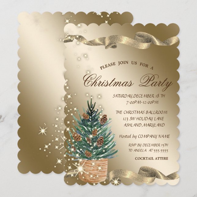 Invitation Aquarelle Pine Arbre OrEntreprise Noël fête (Devant / Derrière)