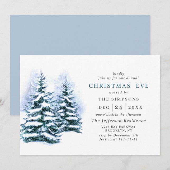 Invitation Aquarelle Pine Arbre Vacances NOËL EVE (Devant / Derrière)