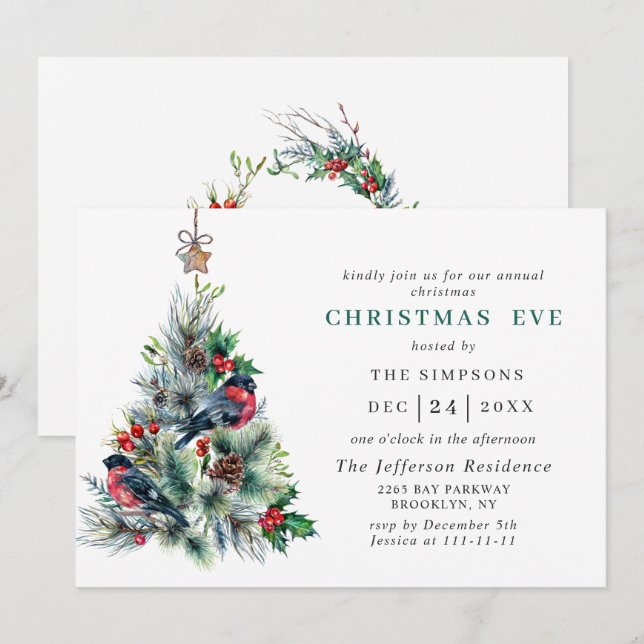 Invitation Aquarelle Pine Arbre Vacances NOËL EVE (Devant / Derrière)