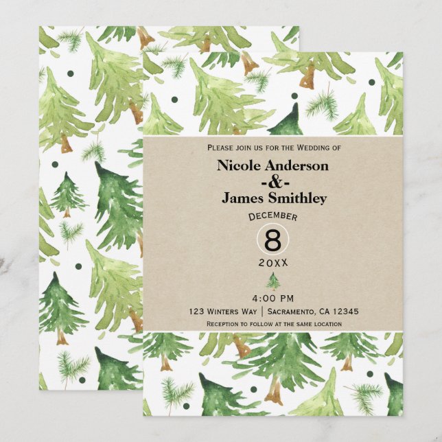 Invitation Aquarelle Pine Arbres Moderne Rustique Mariage Kra (Devant / Derrière)