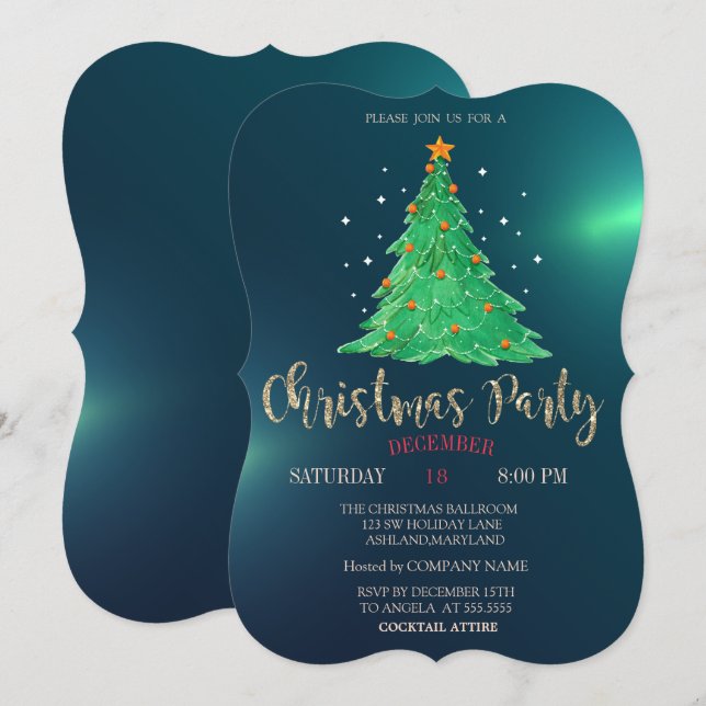 Invitation Aquarelle Pine de Noël Arbre, Société Verte (Devant / Derrière)