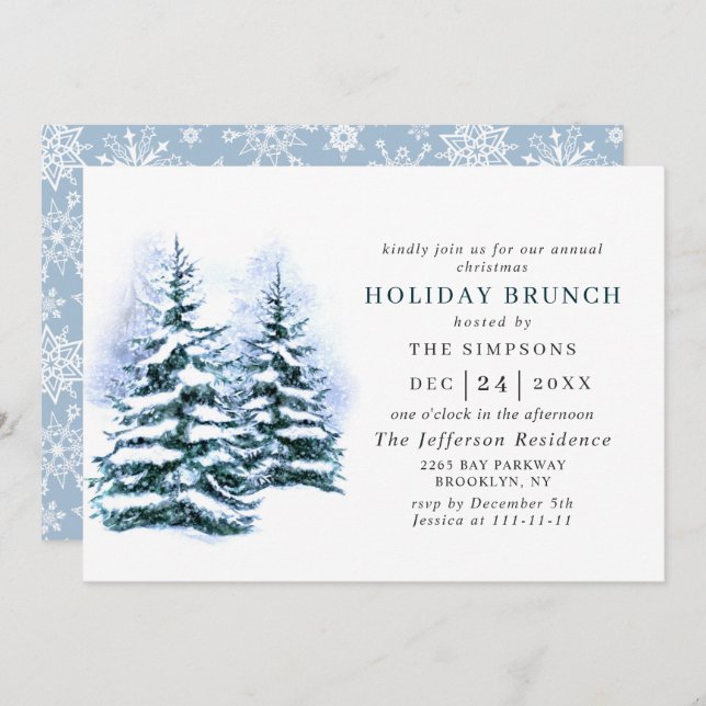 Invitation Aquarelle Pine Tree Chic Noël VACANCES BRUNCH (Devant / Derrière)