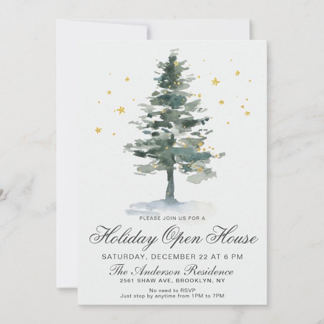 Invitation Aquarelle Pine Tree Noël Holiday Open House (Devant)