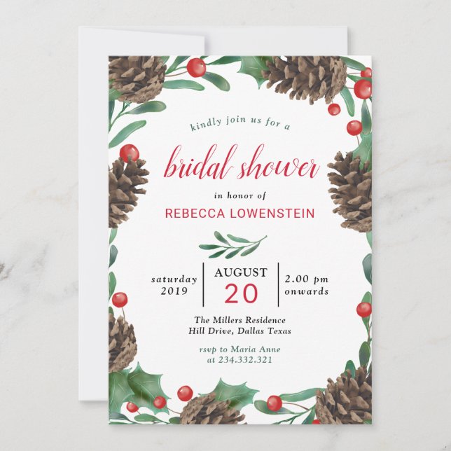 Invitation Aquarelle Pinecone | Fête des mariées de Noël (Devant)