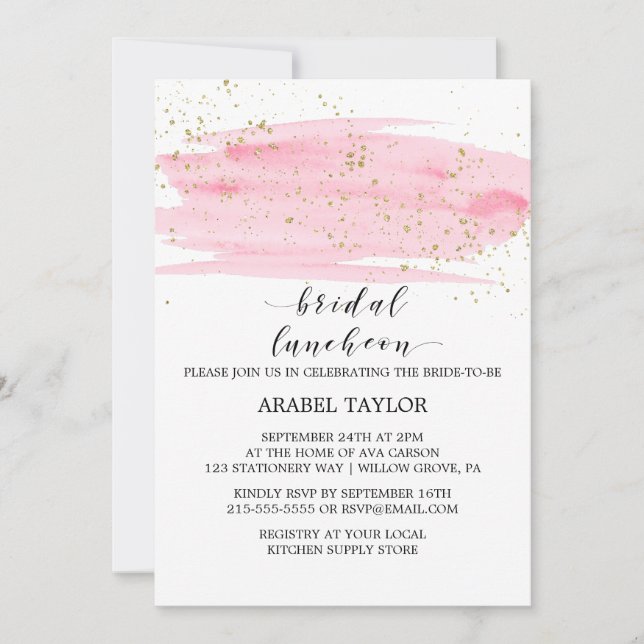 Invitation Aquarelle Pink Blush et Gold Bridal Luncheon (Devant)