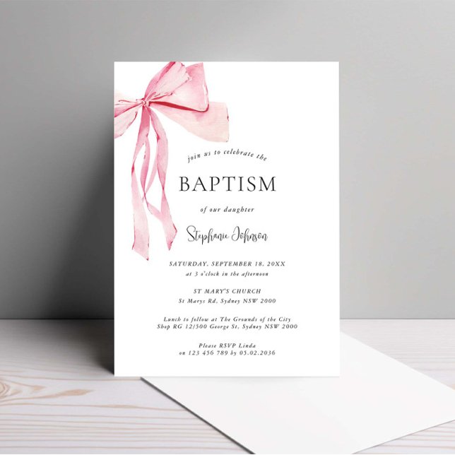 Invitation Aquarelle Pink Bow Baptism (Créateur téléchargé)