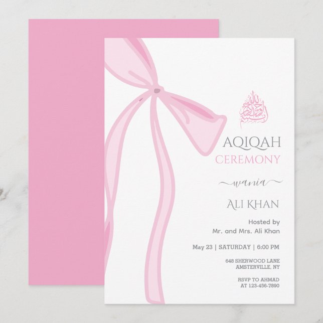 Invitation Aquarelle Pink Bow bébé fille Aqiqah (Devant / Derrière)