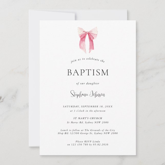 Invitation Aquarelle Pink Dainty Bow Ribbon Baptême (Devant)