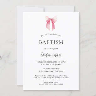 Invitation Aquarelle Pink Dainty Bow Ribbon Baptême