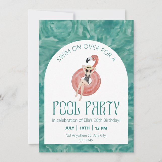 Invitation Aquarelle Pink Flamant rose Pool Party (Devant)