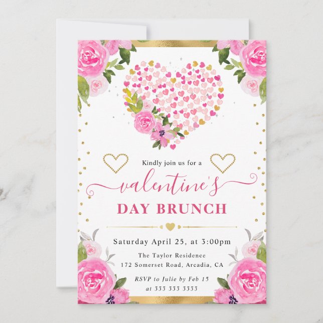 Invitation Aquarelle Pink & Gold Hearts Fleurs Valentine's (Devant)
