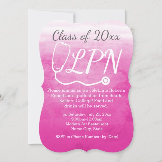 Invitation Aquarelle Pink Nurse LPN Parti de graduation (Devant)