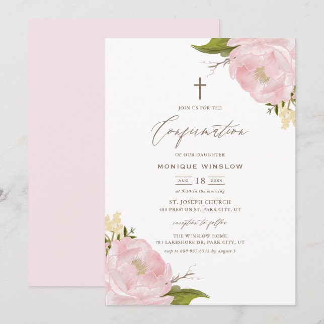 Invitation Aquarelle Pink Peonies Confirmation (Devant / Derrière)