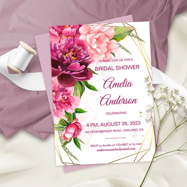 Invitation Aquarelle Pink Peonies Fête des mariées rustique (Créateur téléchargé)