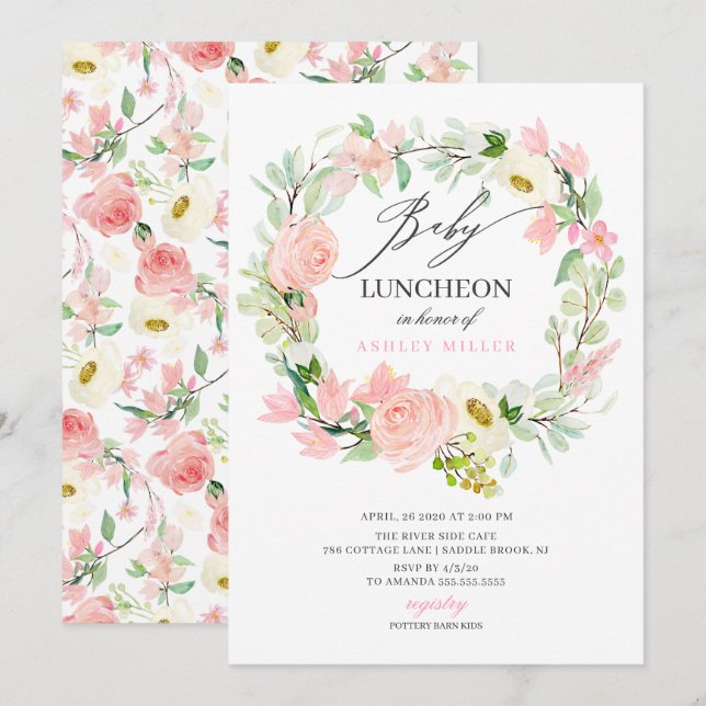 Invitation Aquarelle Pink Peonies Floral Baby Luncheon (Devant / Derrière)