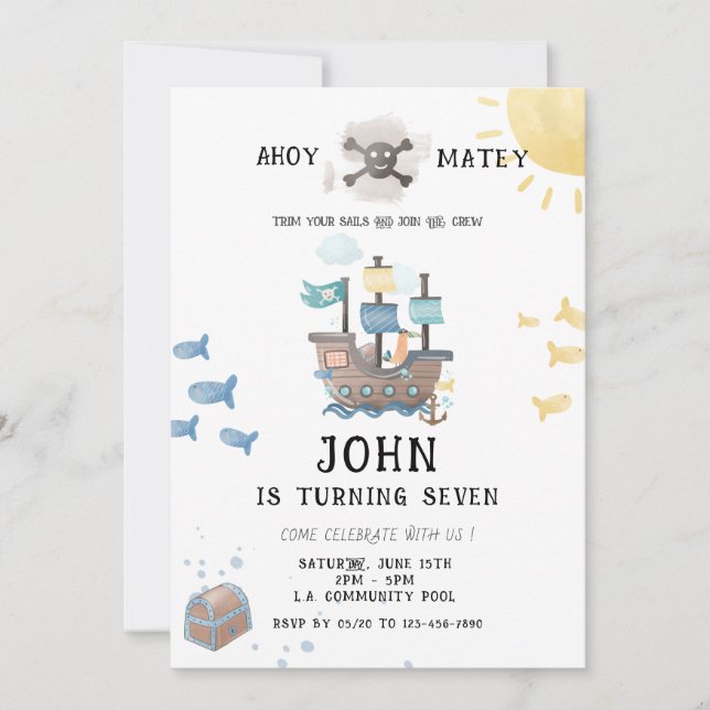 Invitation Aquarelle Pirates Anniversaire (Devant)