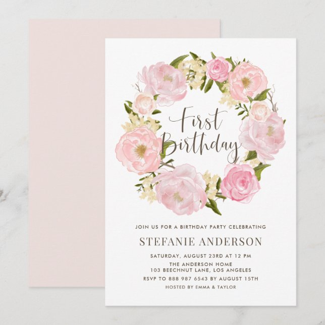 Invitation Aquarelle Pis Rose Bleu Wreath Premier anniversair (Devant / Derrière)