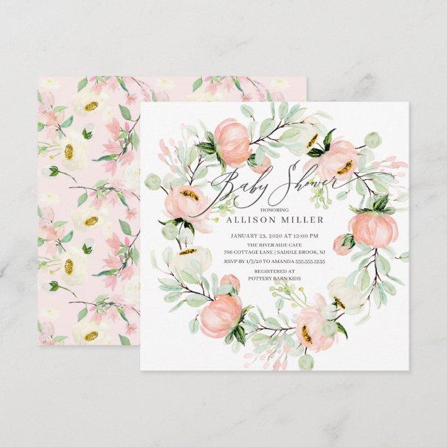 Invitation Aquarelle pivoines Baby shower de couronne de fleu (Devant / Derrière)