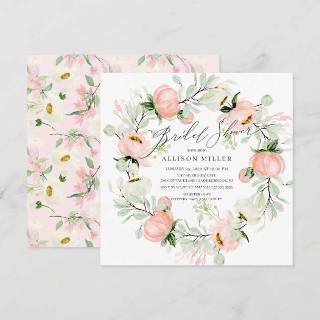Invitation Aquarelle pivoines Fête des mariées de couronne de (Devant / Derrière)