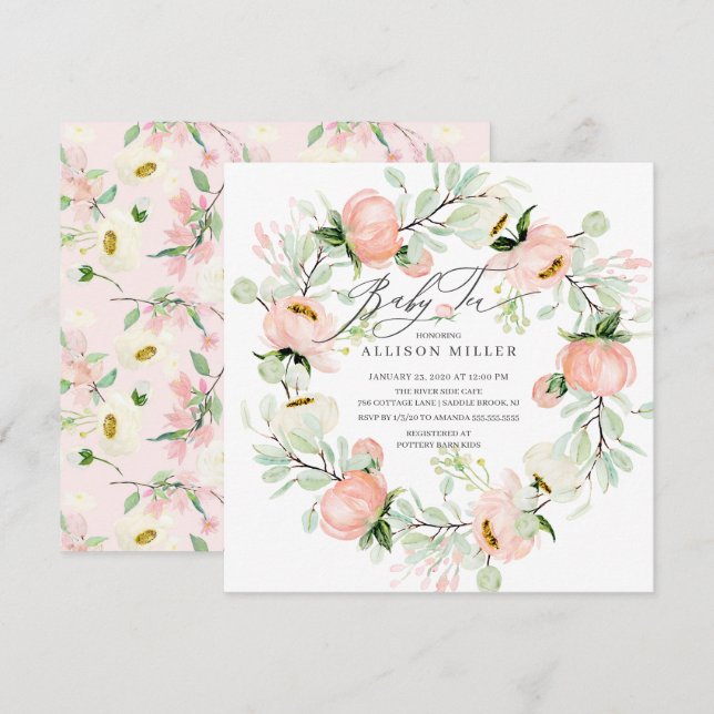 Invitation Aquarelle pivoines Floral Wreath Baby Tea (Devant / Derrière)