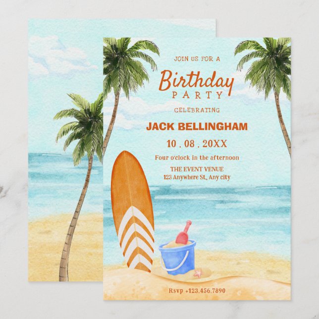 Invitation Aquarelle plage paradis anniversaire (Devant / Derrière)