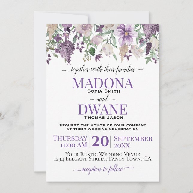 Invitation Aquarelle Plum et Fleurs Lilac (Devant)