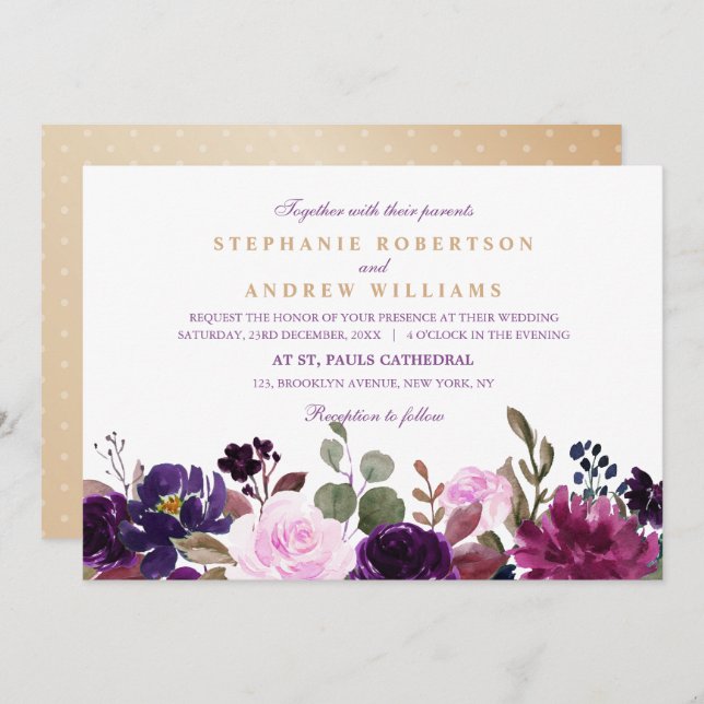 Invitation Aquarelle Plum violet Floral Boho rustique (Devant / Derrière)