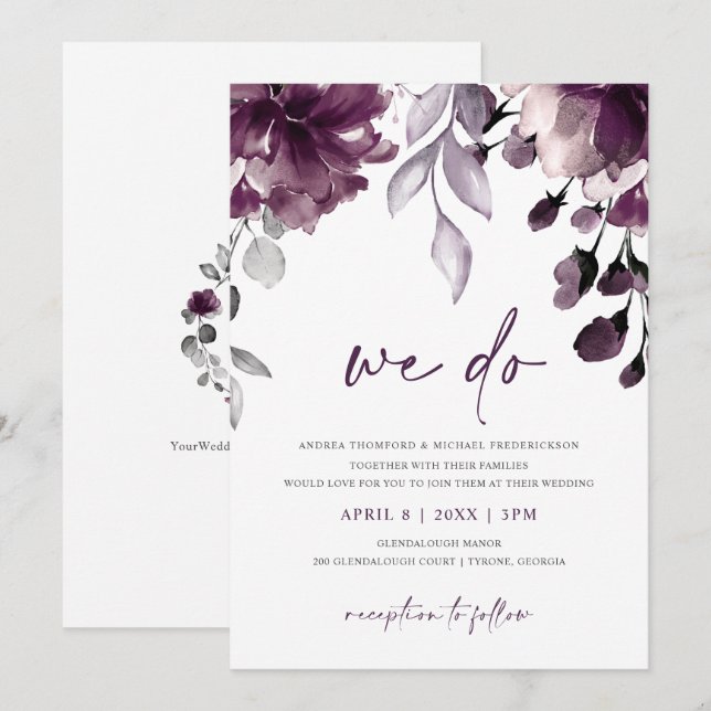 Invitation Aquarelle Plum violet Jardin Floral Mariage (Devant / Derrière)
