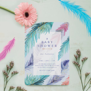 Invitation Aquarelle Plumes Chic Bohemian Baby shower garçon